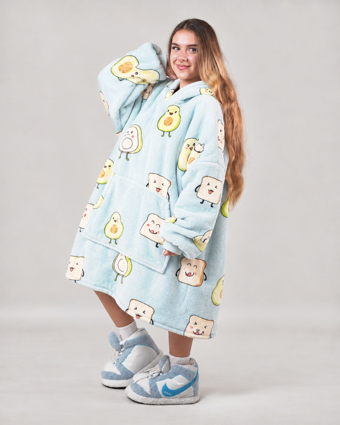 Cozy Avotoasty hoodie blanket in avocado print light blue, Front View - Cozify Lebanon