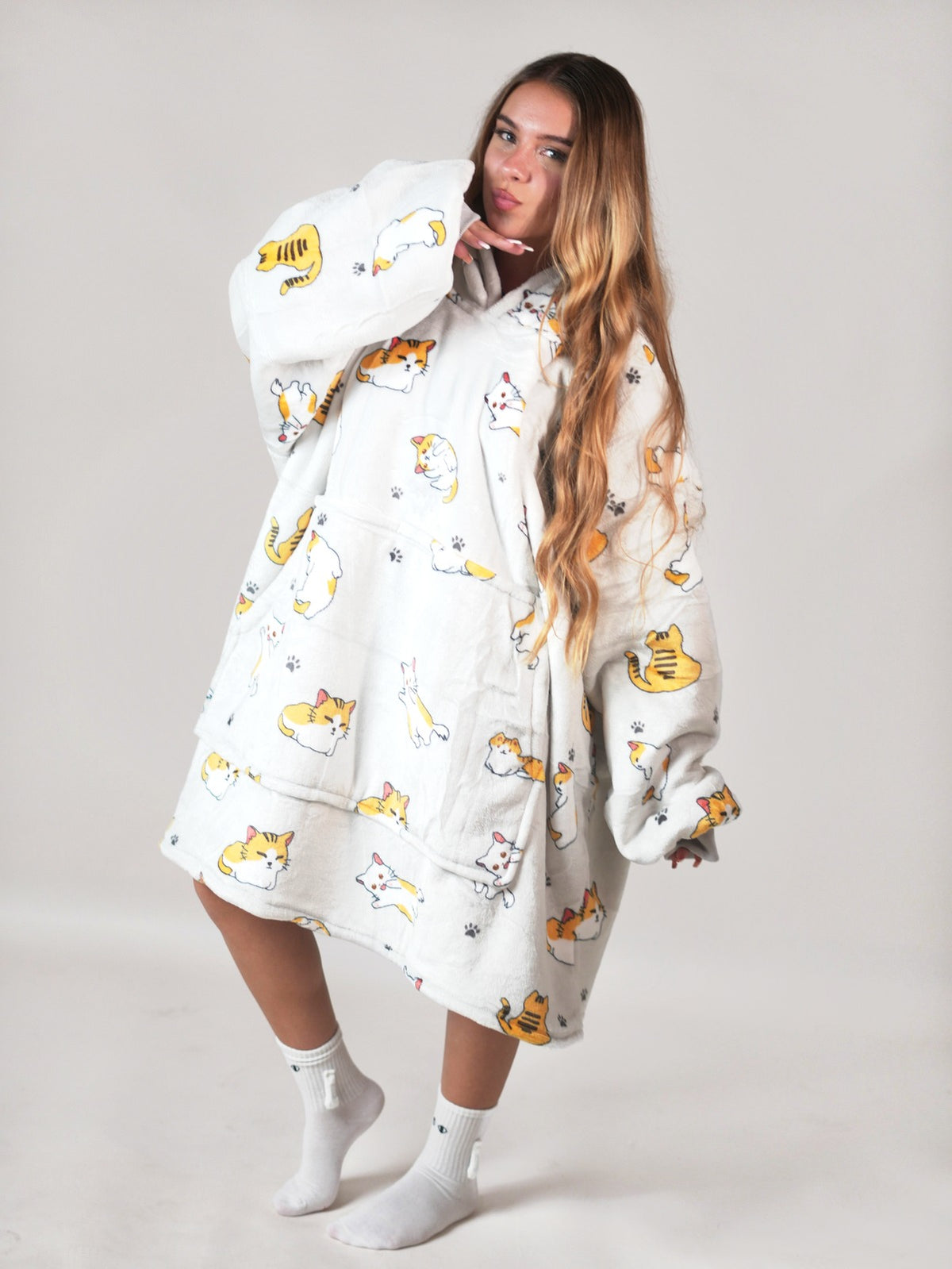 Cozy Meow hoodie blanket in cat print, Front View - Cozify Lebanon