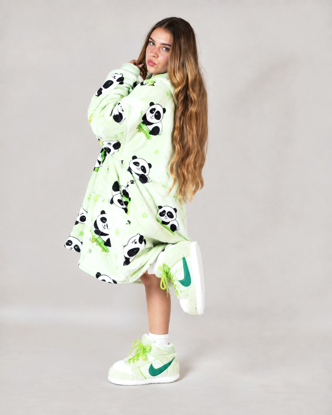 Cozy Panda hoodie blanket in panda print green, Front View - Cozify Lebanon