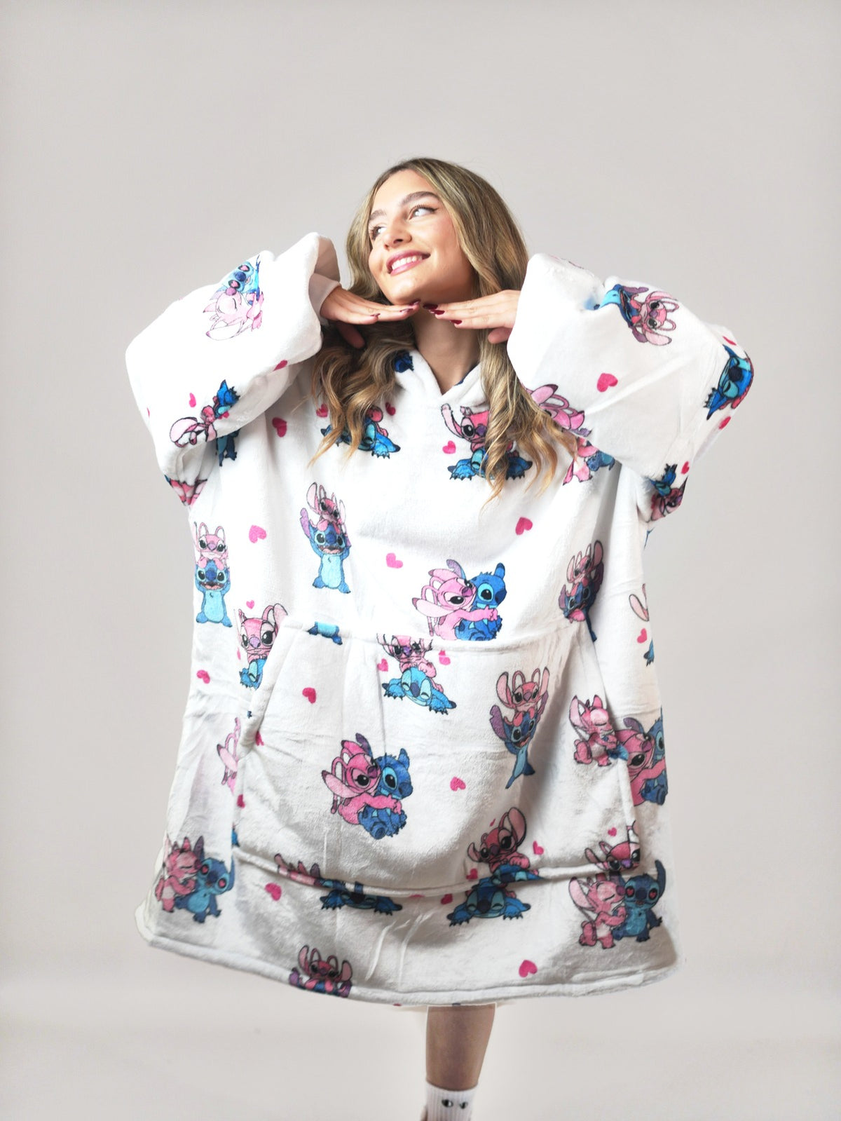 Cozy Stitch White hoodie blanket in Stitch and Angel print white, Front View - Cozify Lebanon
