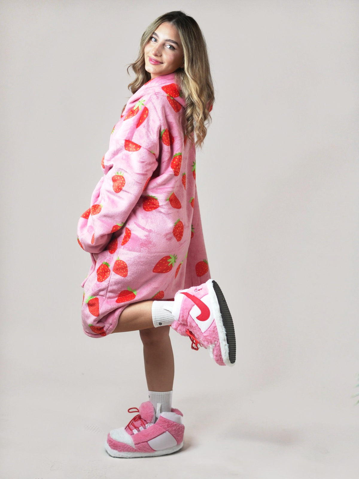 Cozy Strawberry hoodie blanket in strawberry pink, Back View - Cozify Lebanon