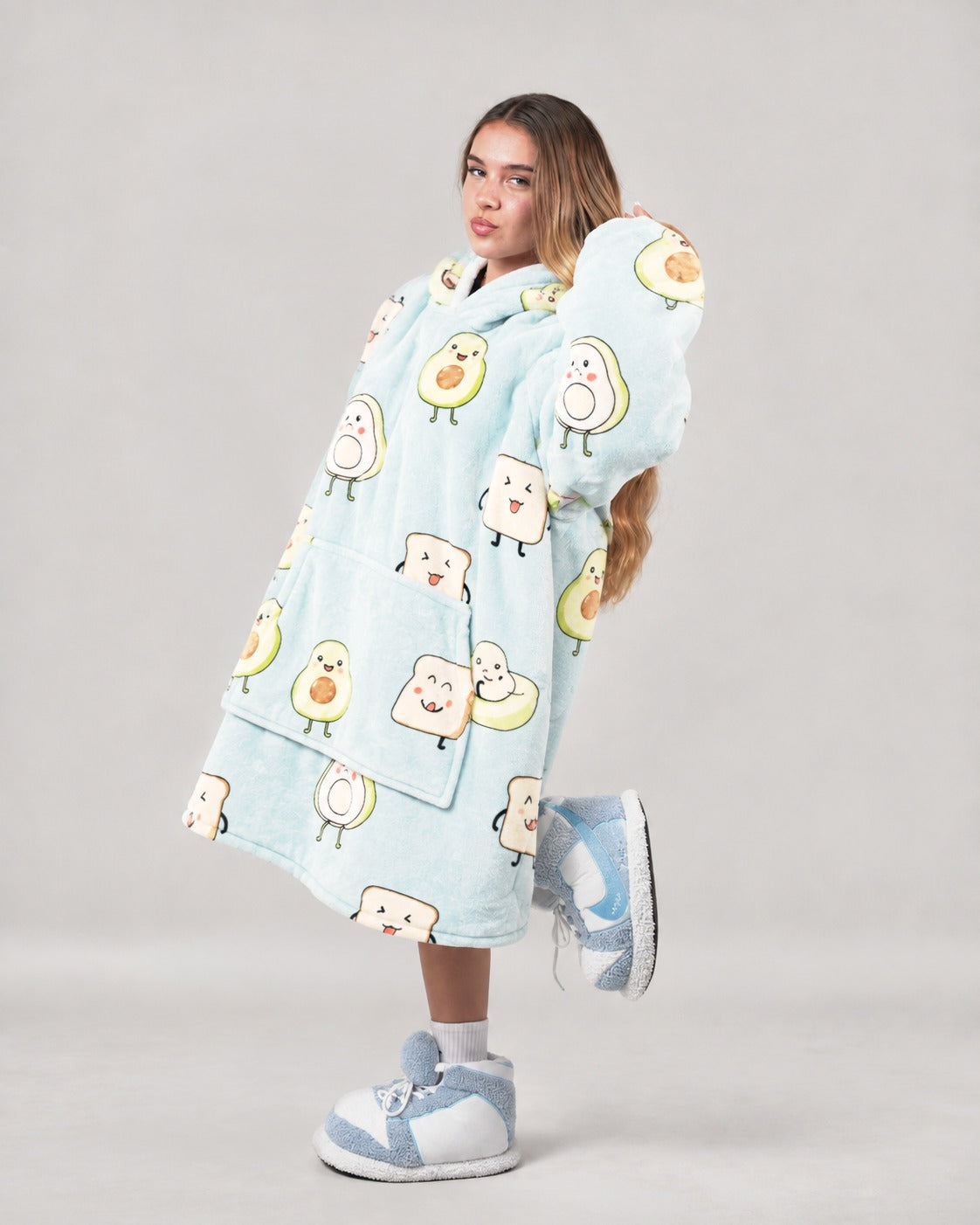 Cozy Avotoasty hoodie blanket in avocado print light blue, Back View - Cozify Lebanon