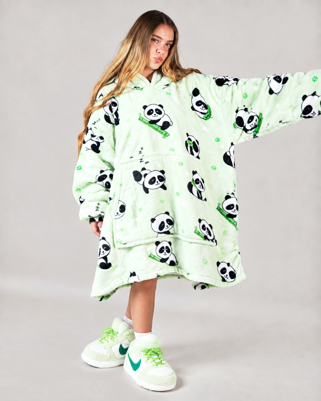 Cozy Panda hoodie blanket in panda print green, Back View - Cozify Lebanon