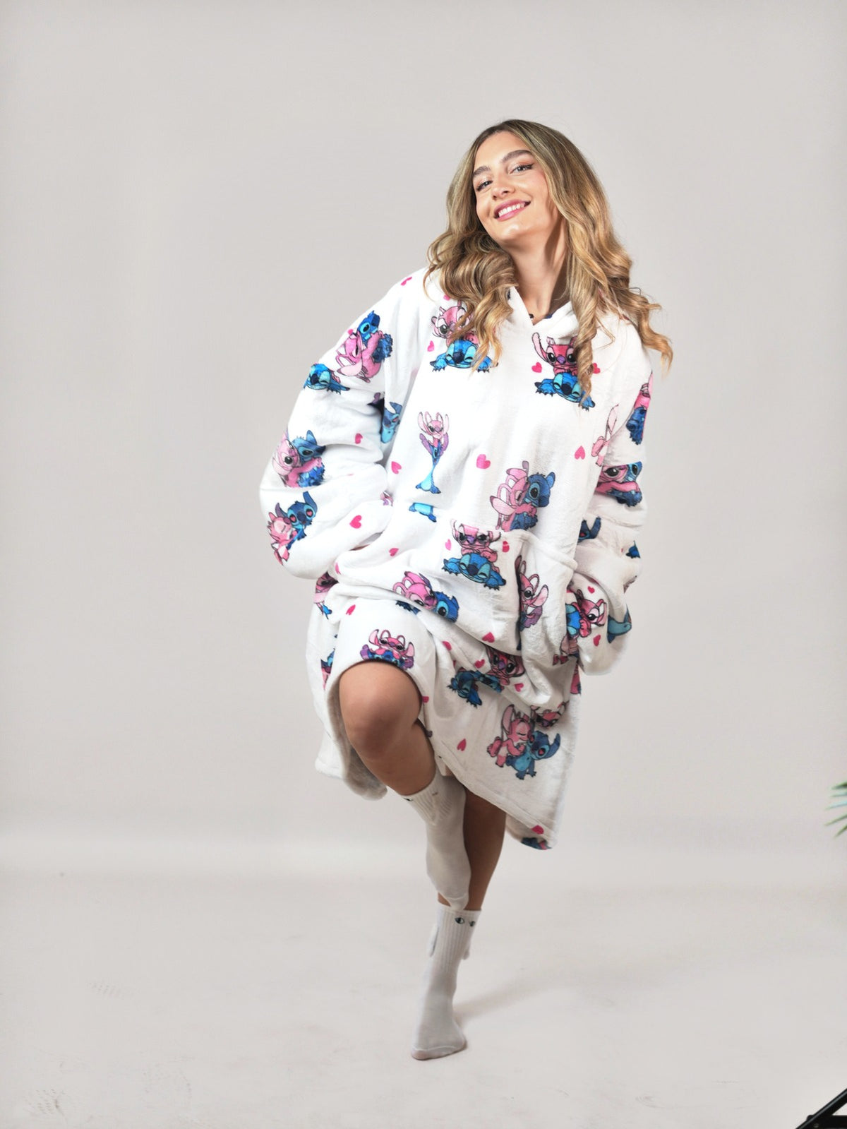 Cozy Stitch White hoodie blanket in Stitch and Angel print white, Back View - Cozify Lebanon