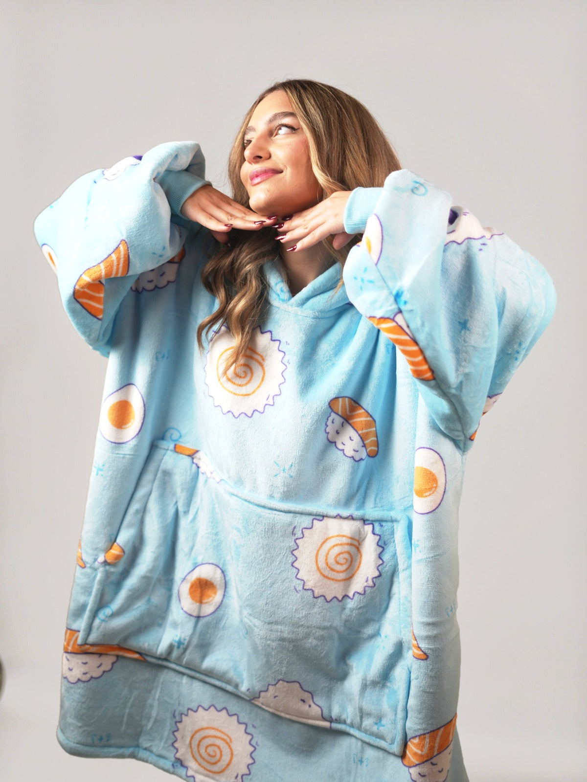 Cozy Sushi hoodie blanket in sushi print blue, Back View - Cozify Lebanon