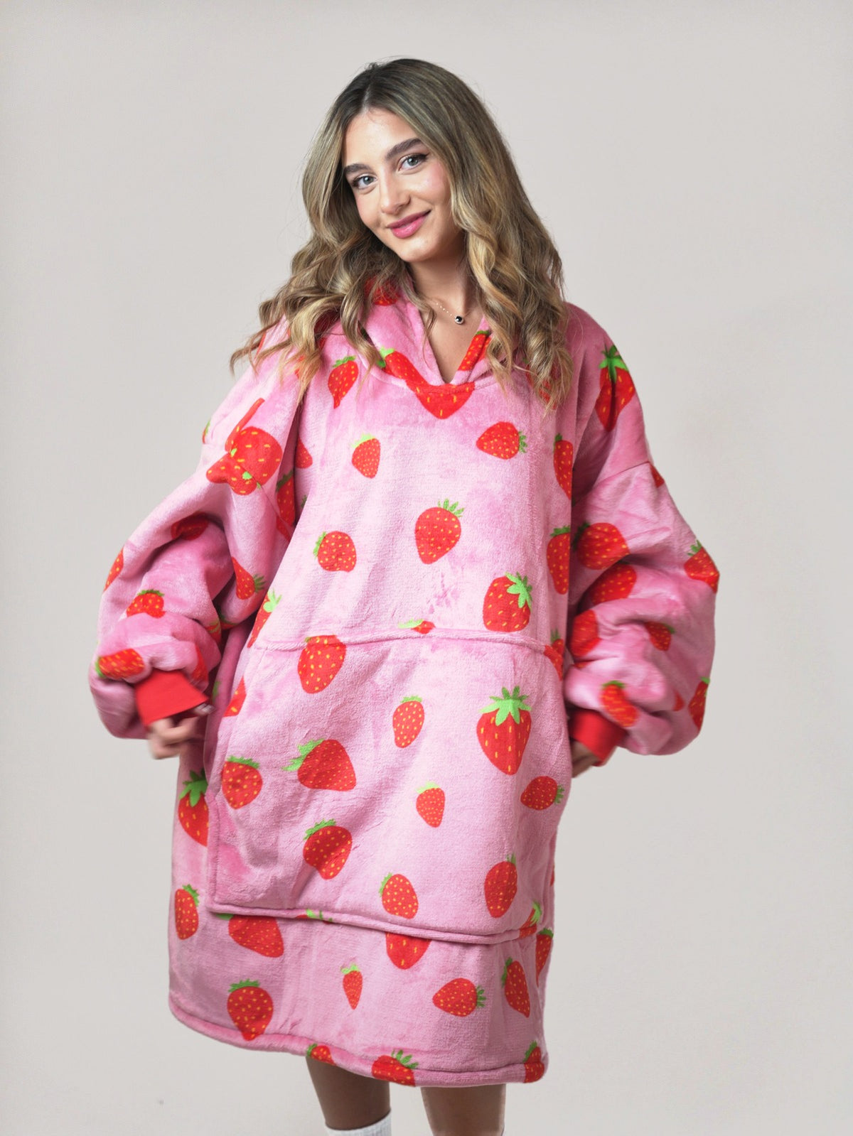 Cozy Strawberry hoodie blanket in strawberry pink, Detail View - Cozify Lebanon