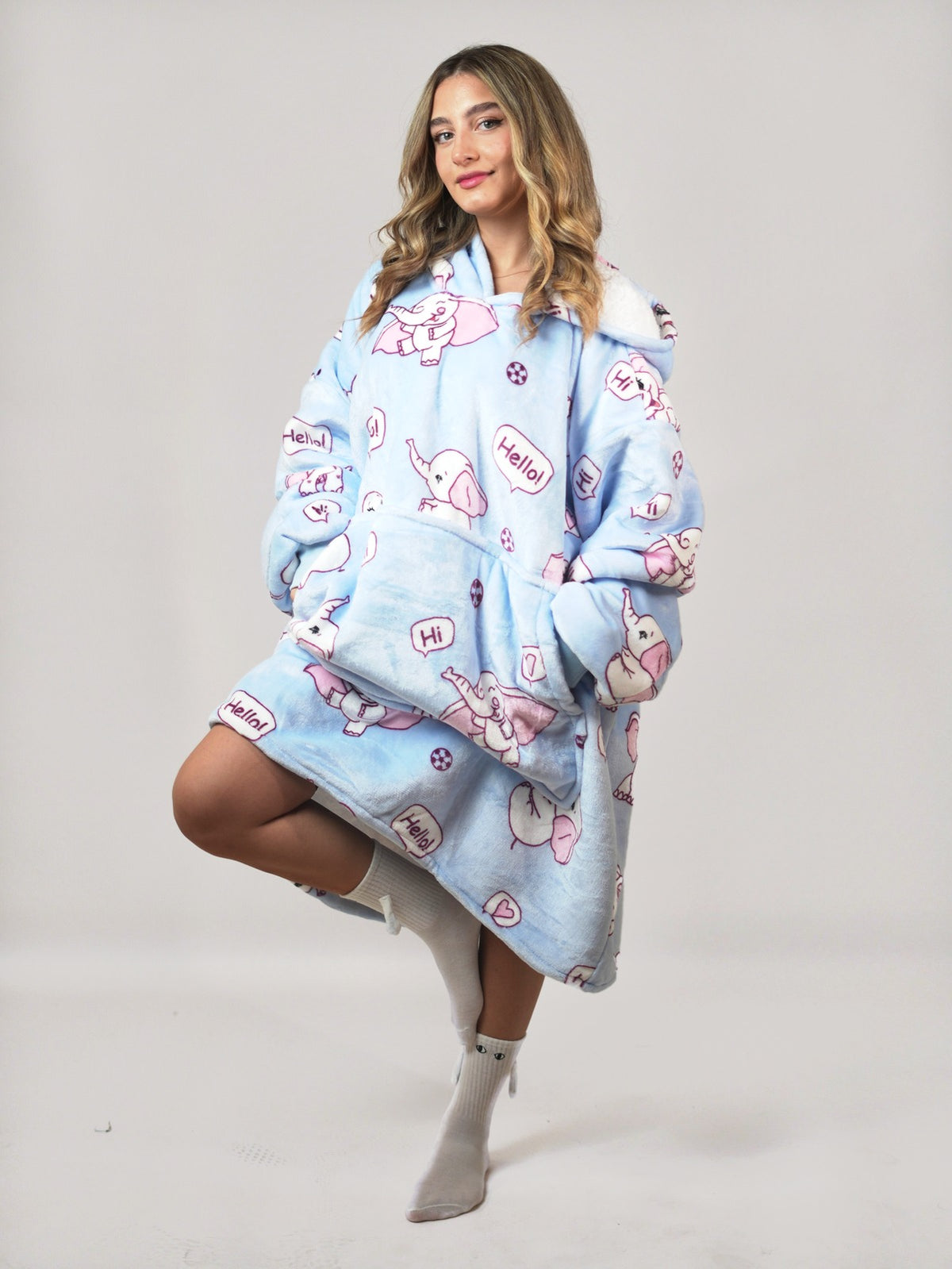 Cozy Elephant hoodie blanket in elephant print blue and pink, Side View - Cozify Lebanon