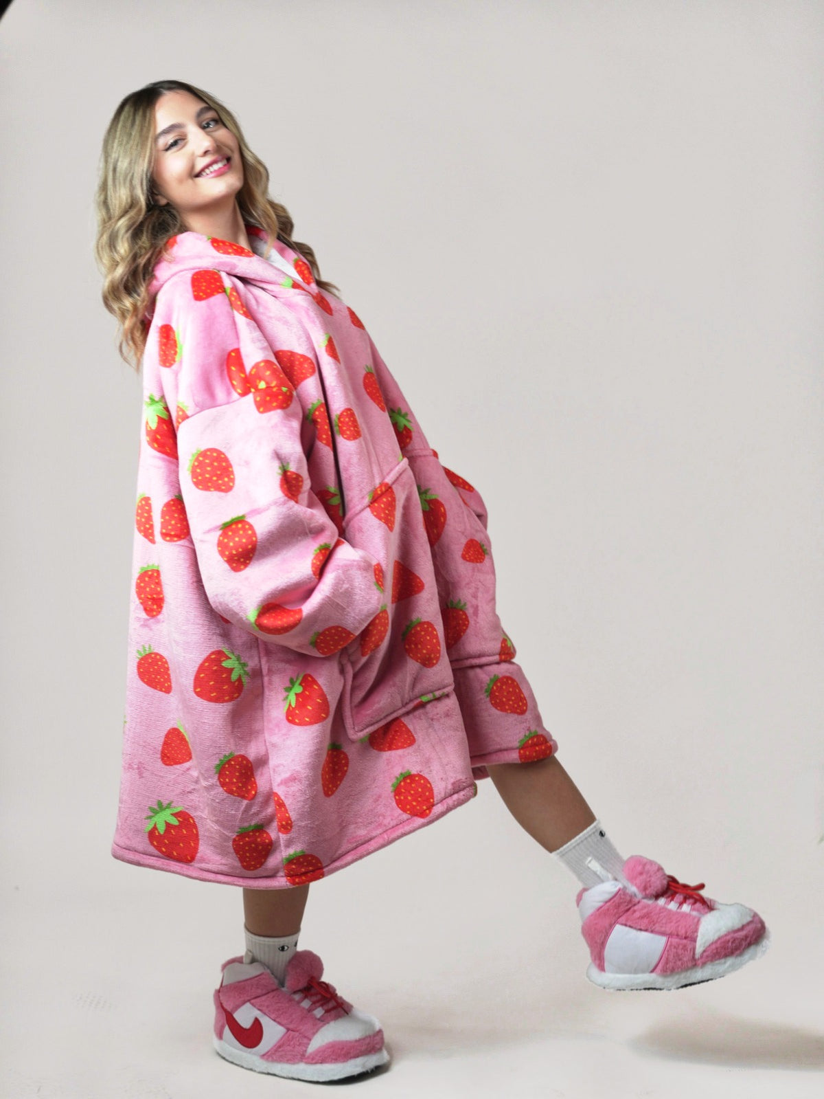 Cozy Strawberry hoodie blanket in strawberry pink, Side View - Cozify Lebanon