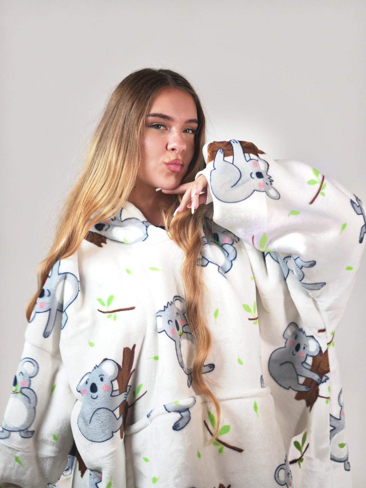 Cozy Koala hoodie blanket in koala print cream, Side View - Cozify Lebanon
