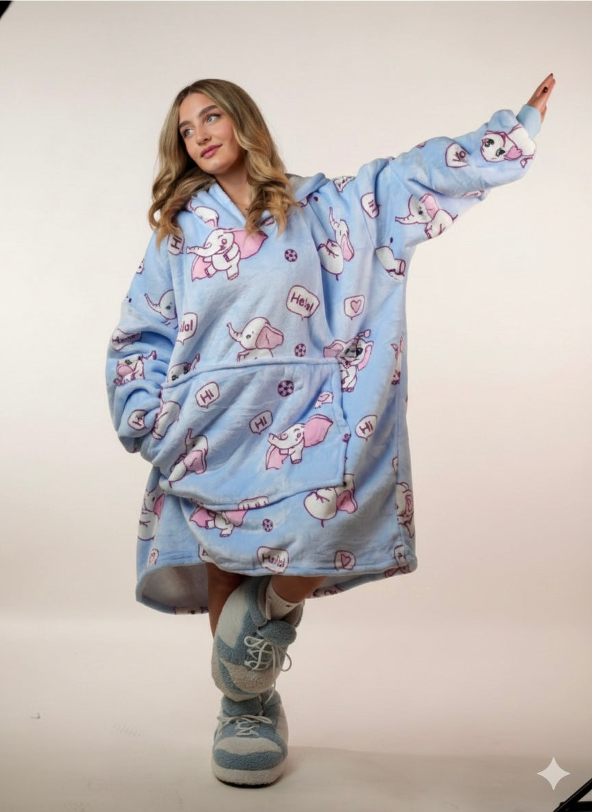 Cozy Elephant hoodie blanket in blue elephant print, Front View - Cozify Lebanon