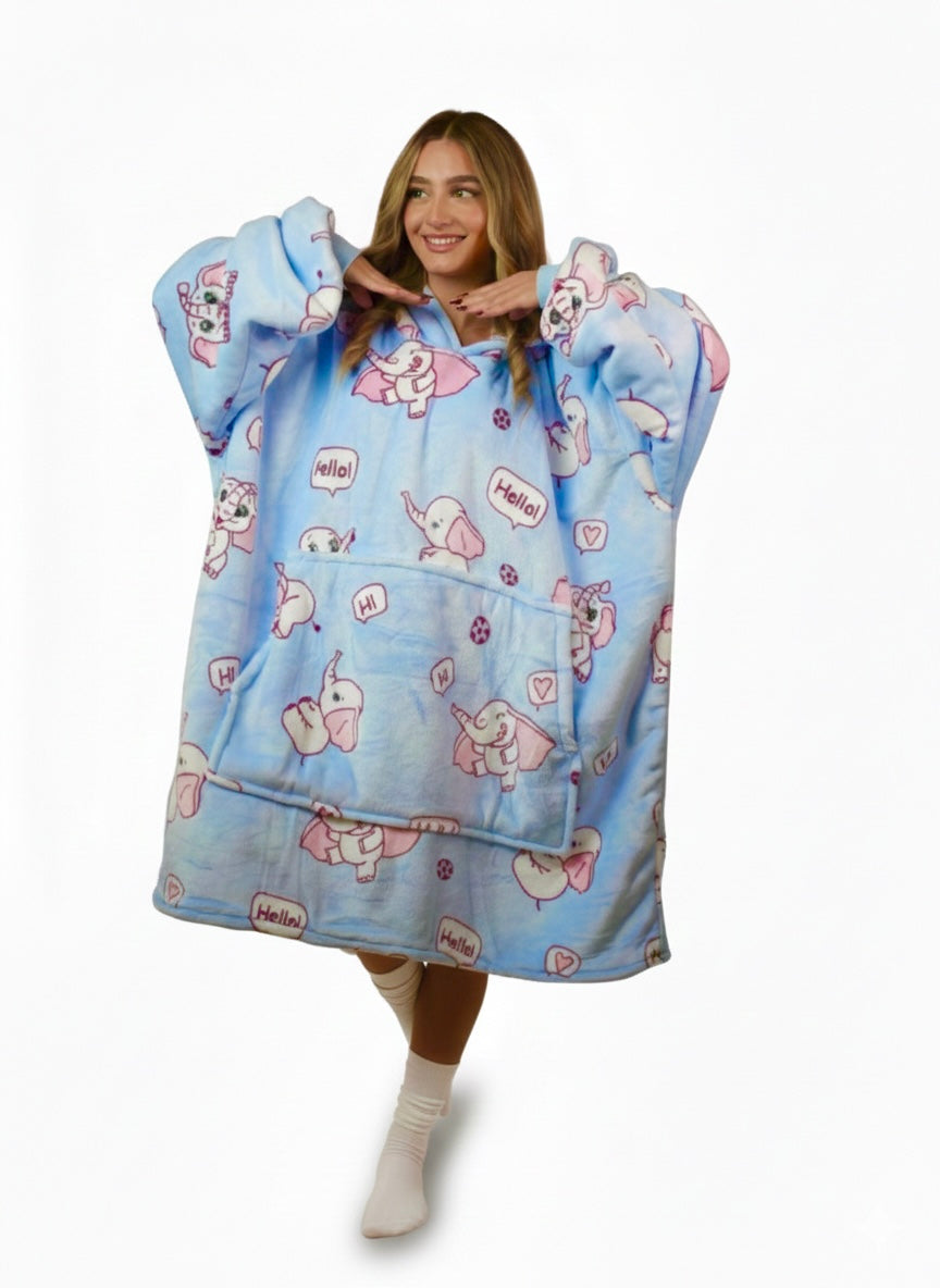 Cozy Elephant hoodie blanket in blue elephant print, Back View - Cozify Lebanon