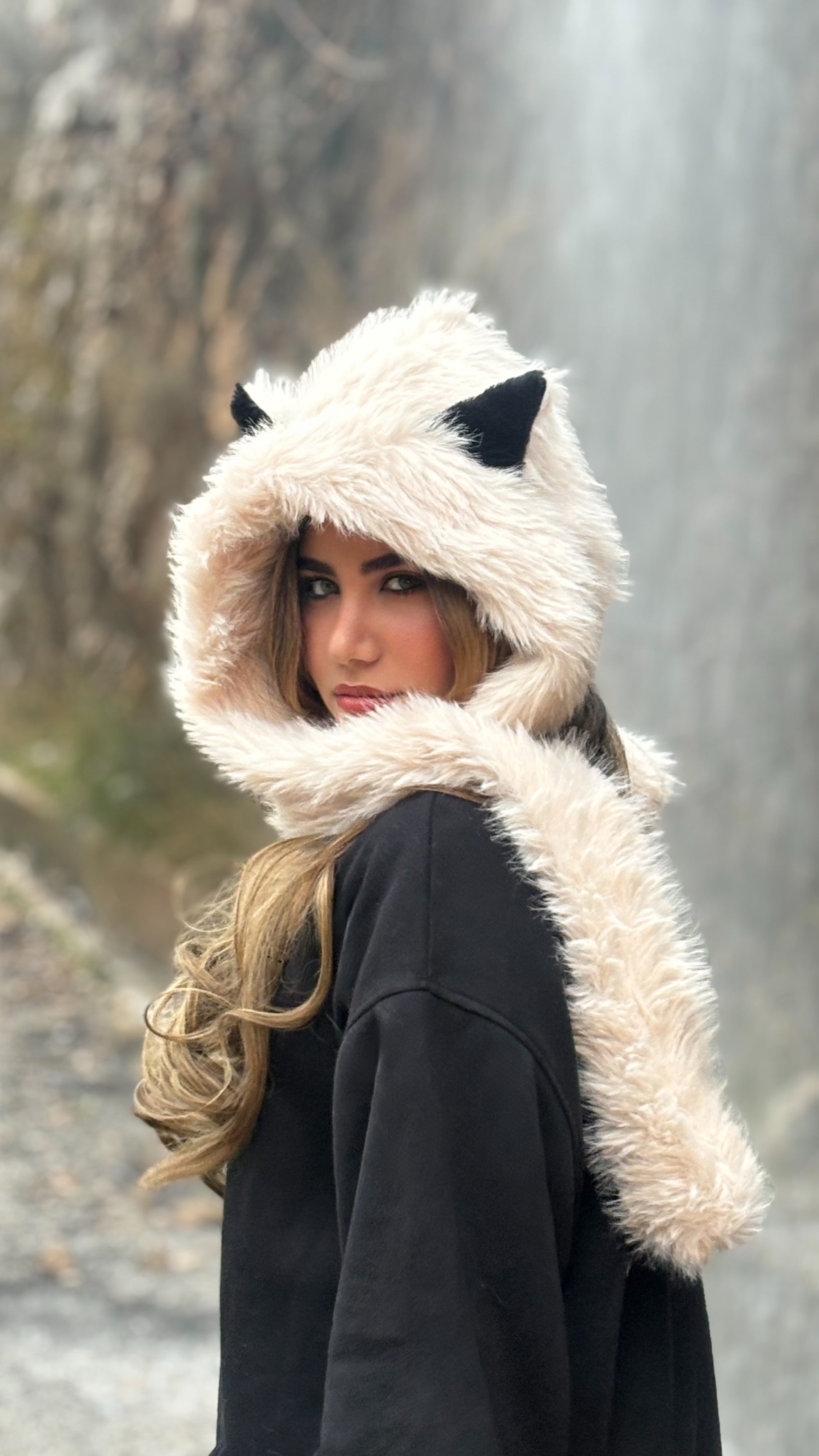 Snow Baby hooded scarf in caramel, Back View - Cozify Lebanon