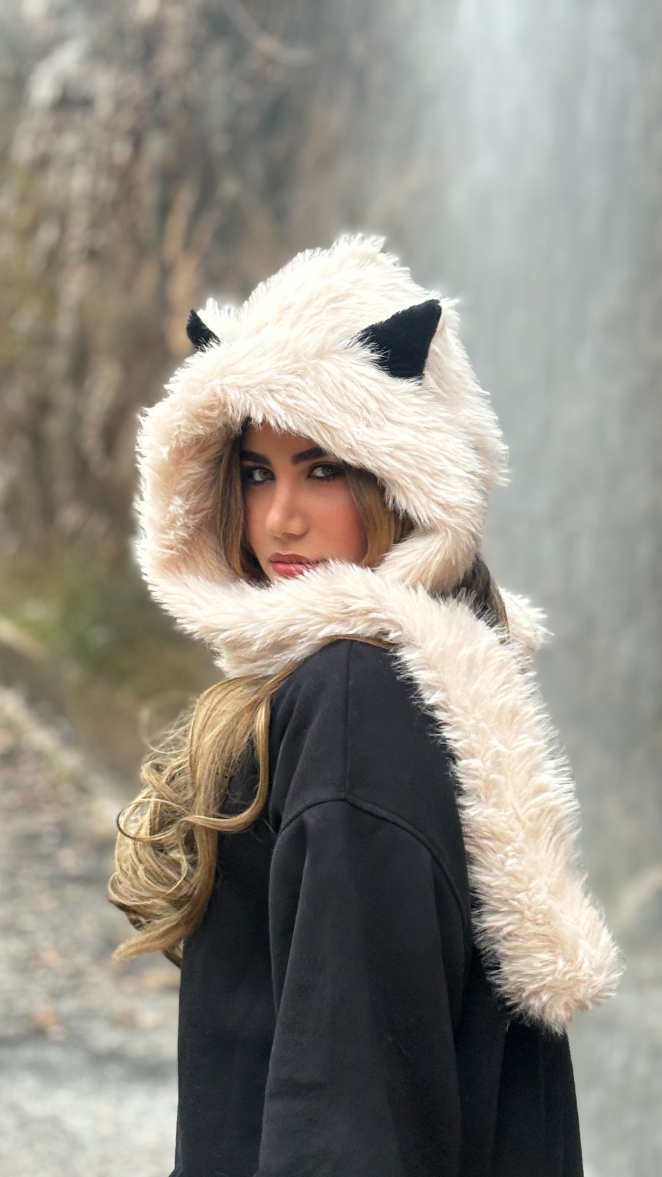 Snow Baby hooded scarf in caramel, Back View - Cozify Lebanon