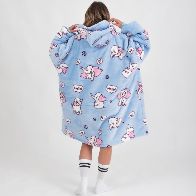Cozy Elephant hoodie blanket in blue elephant print, Detail View - Cozify Lebanon