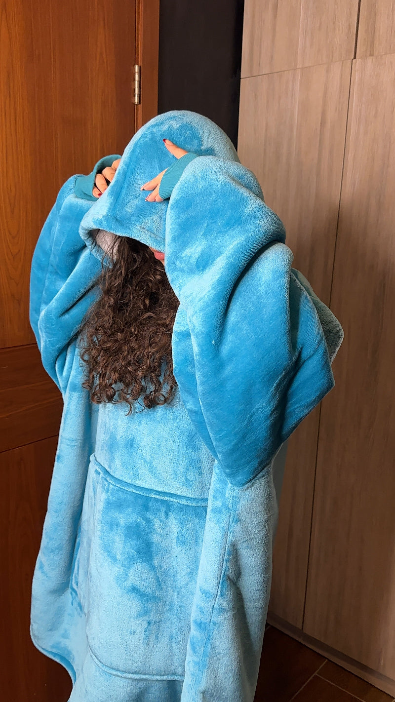 Cozy Glacier hoodie blanket in icy blue, Front View - Cozify Lebanon
