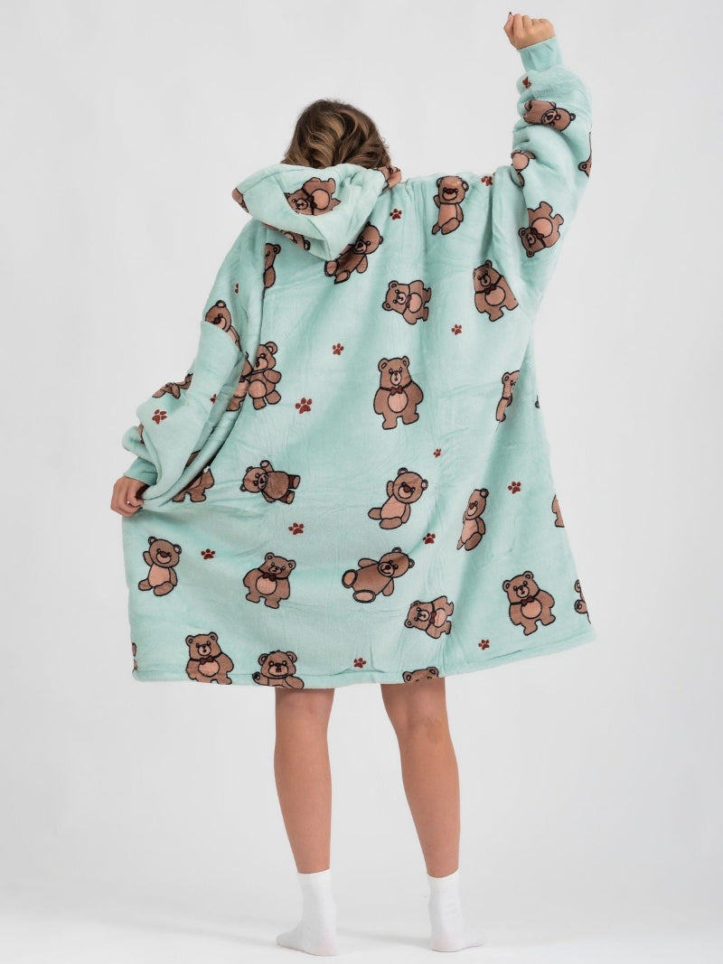 Cozy Bears hoodie blanket in mint bear print, Back View - Cozify Lebanon