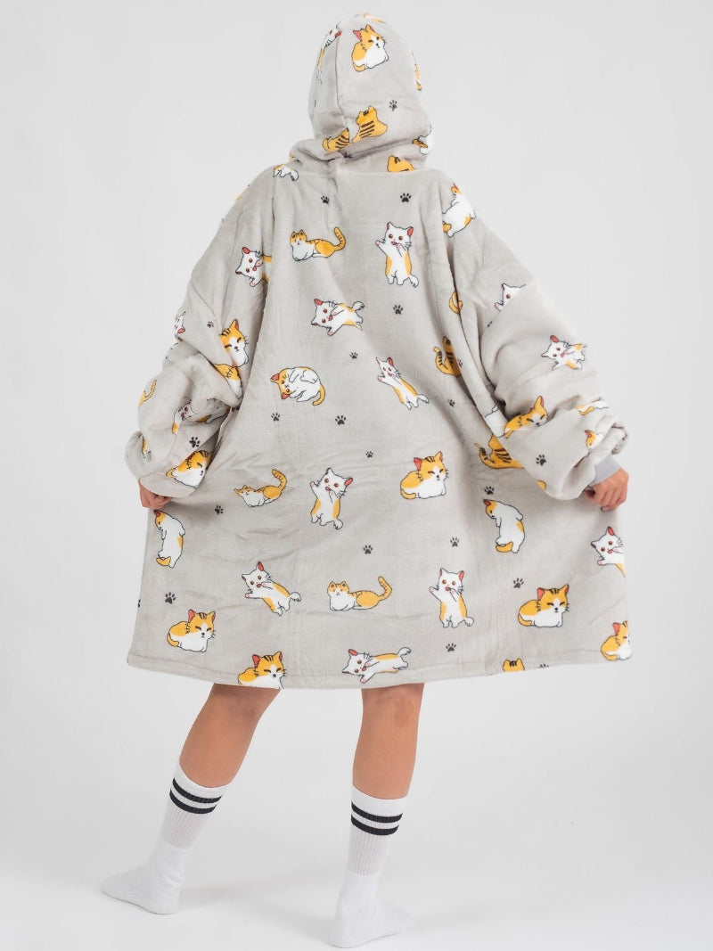 Cozy Meow Hoodie Blanket back view in grey cat print — Cozify Lebanon