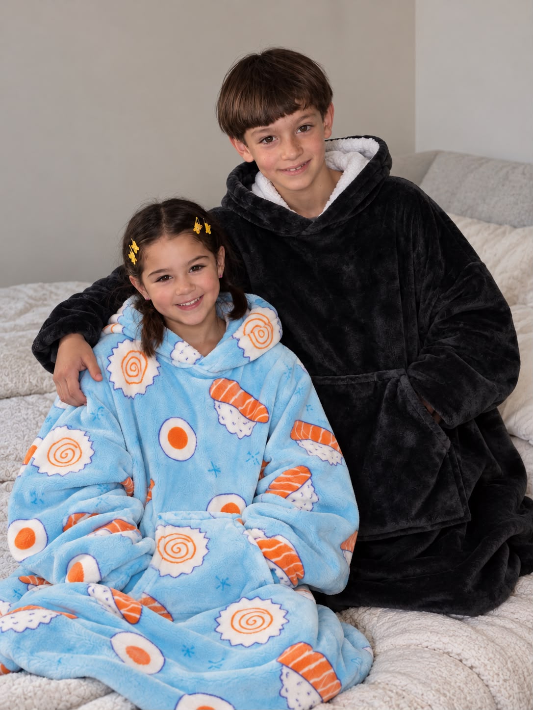 Cozy Kids Duo Bundle two kids oversized hoodie blankets, sushi print and black - Cozify Lebanon