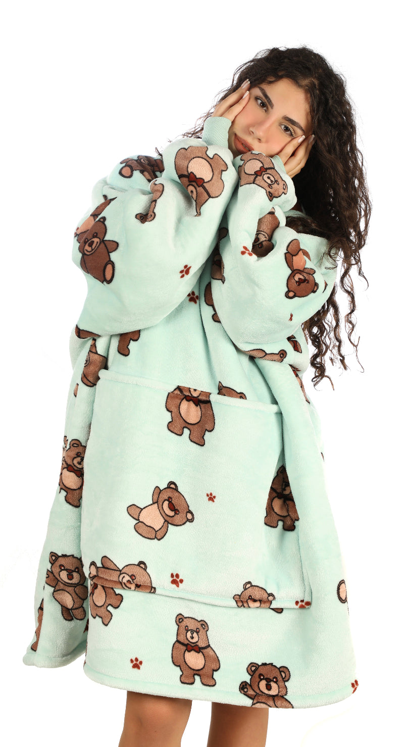 Cozy Bears hoodie blanket in mint bear print, Front View - Cozify Lebanon