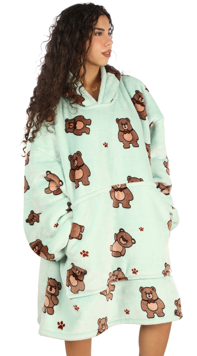 Cozy Bears hoodie blanket in mint bear print, Side View - Cozify Lebanon