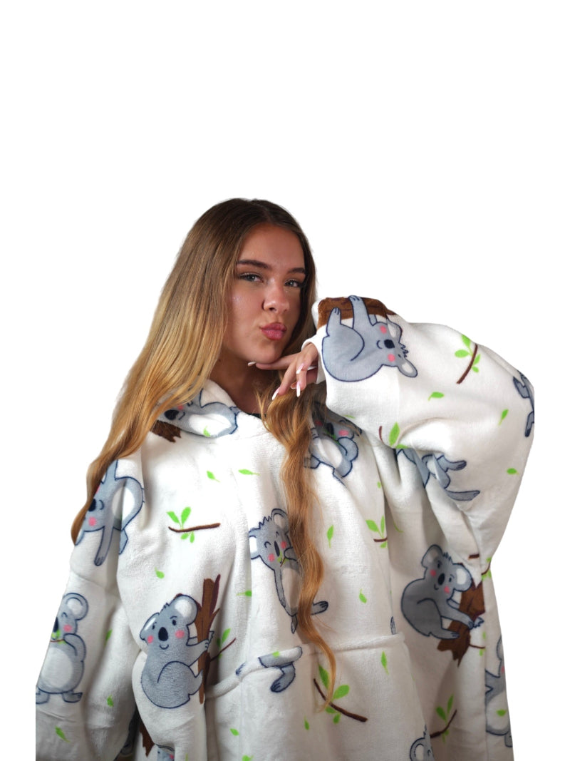 Cozy Koala hoodie blanket in cream koala print, Side View - Cozify Lebanon