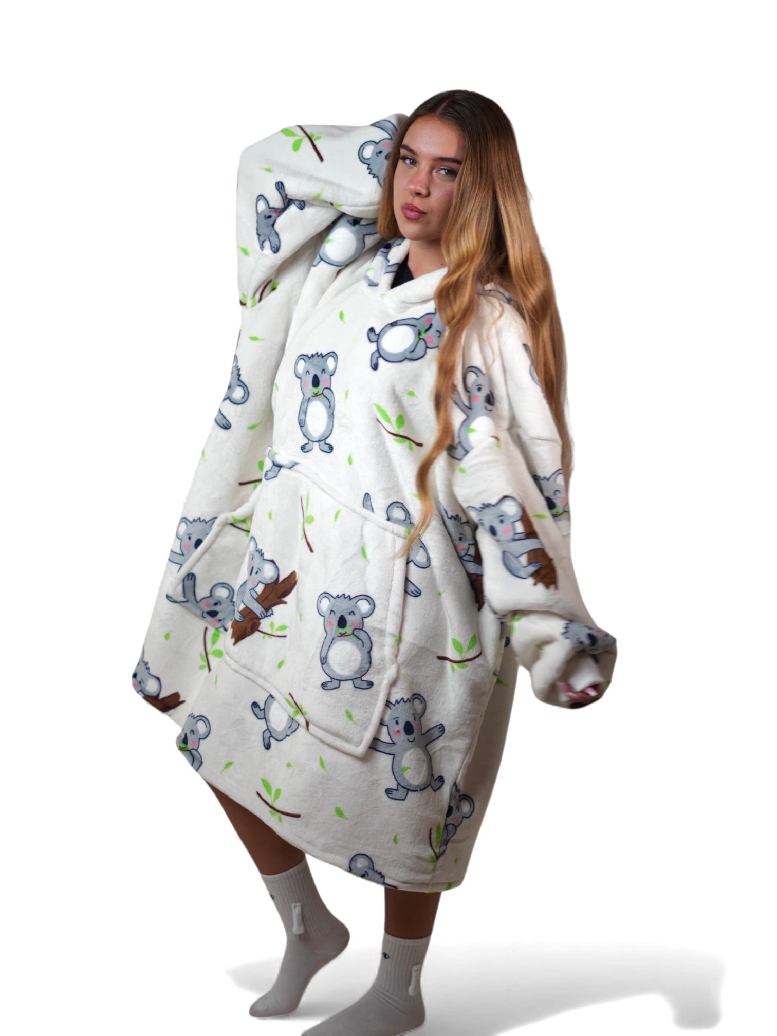 Cozy Koala hoodie blanket in cream koala print, Detail View - Cozify Lebanon