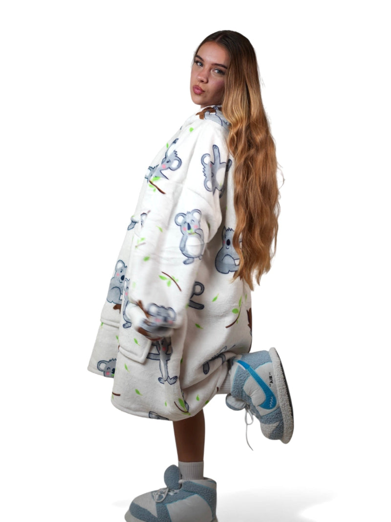 Cozy Koala hoodie blanket in cream koala print, Front View - Cozify Lebanon